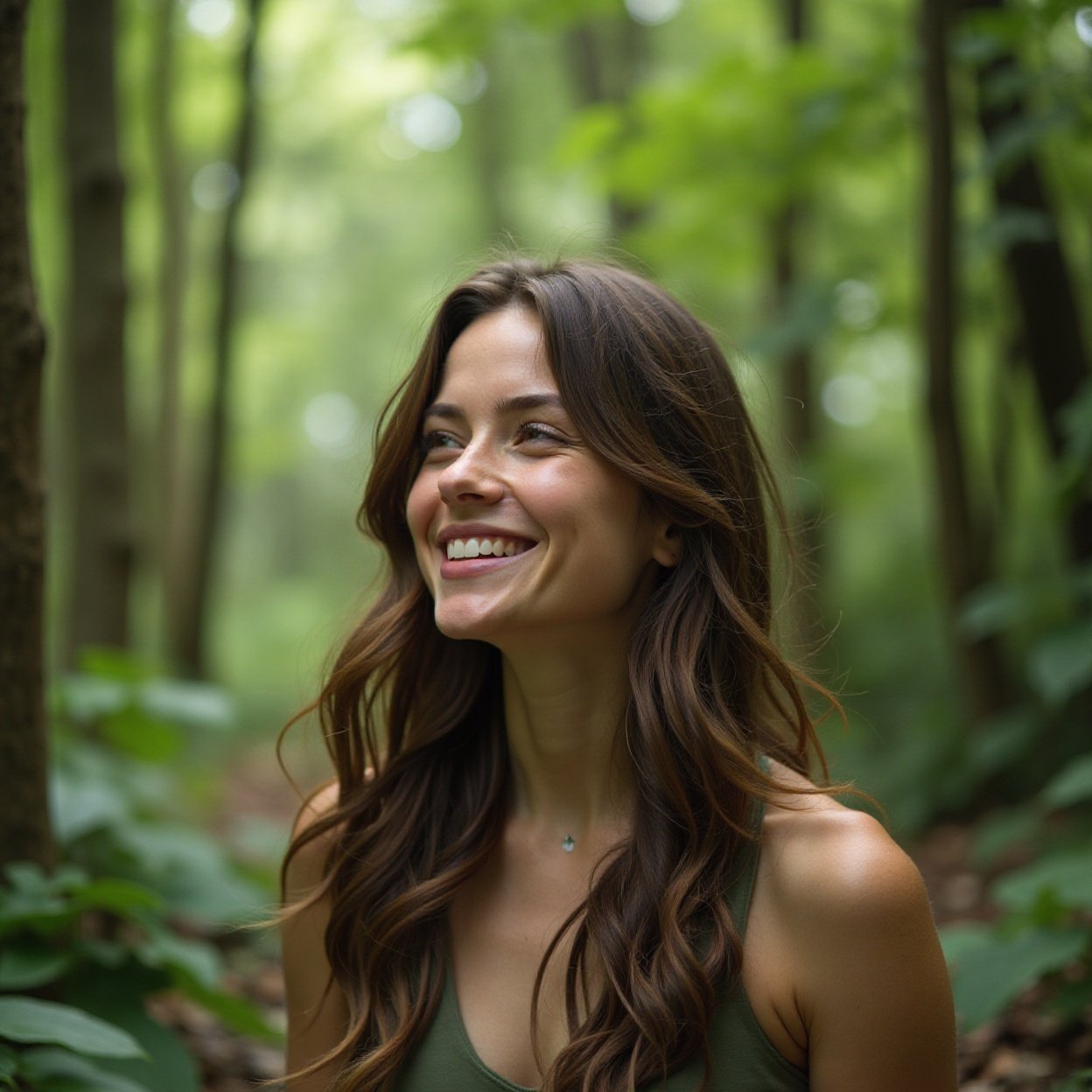 Beautiful smiling woman, Nature Immersion, Forest therapy, stillness Beautiful smiling woman, Nature Immersion, Forest therapy, stillness