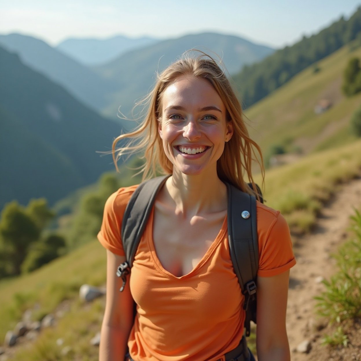 Beautiful smiling woman, lovely breasts, wearing a low-cut orange t-shirt, hiking in the mountains Beautiful smiling woman, lovely breasts, wearing a low-cut orange t-shirt, hiking in the mountains