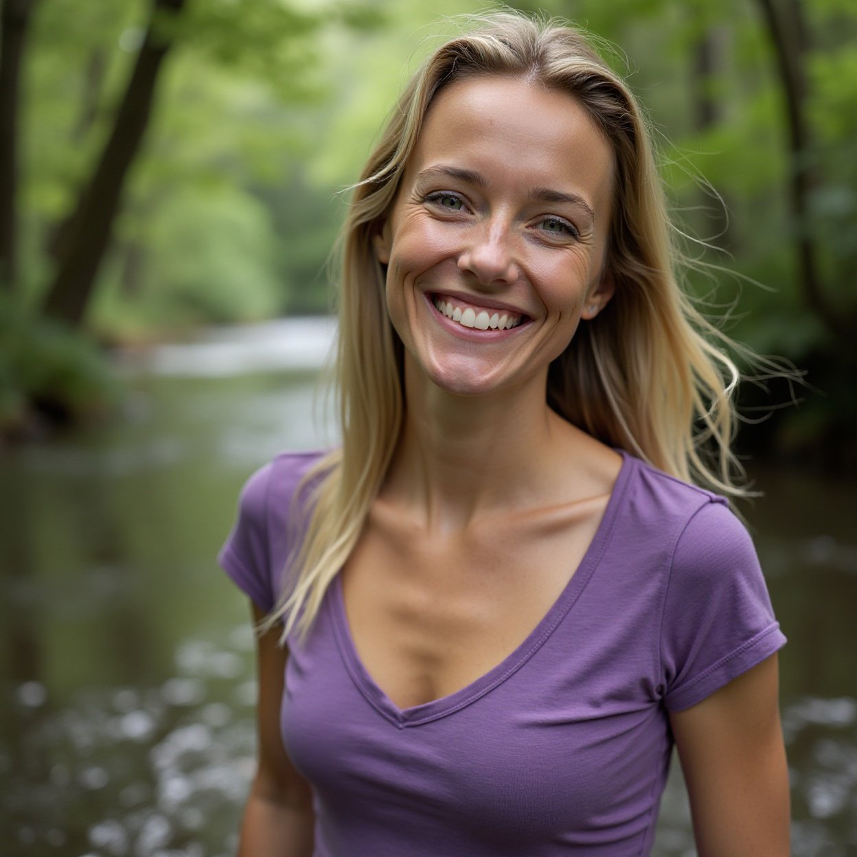 Beautiful smiling woman, lovely breasts, wearing a low-cut purple t-shirt, hiking in a stream Beautiful smiling woman, lovely breasts, wearing a low-cut purple t-shirt, hiking in a stream