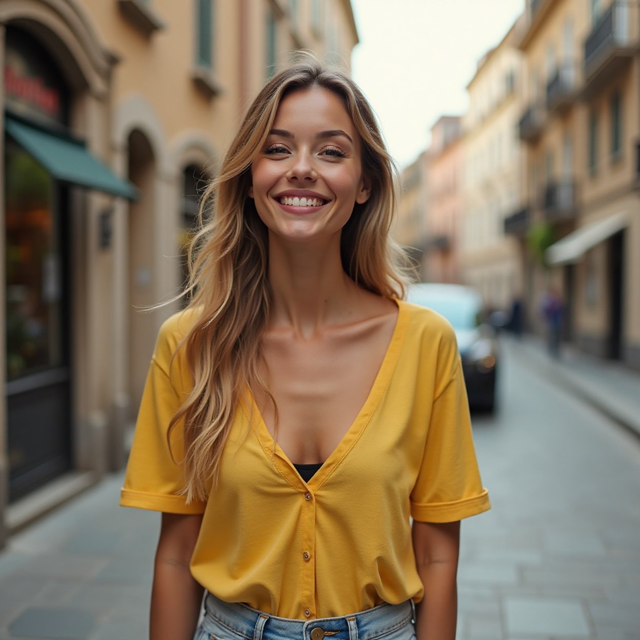 Beautiful smiling woman, lovely breasts, yellow low-cut t-shirt, and jeans, exploring new parts of the city
