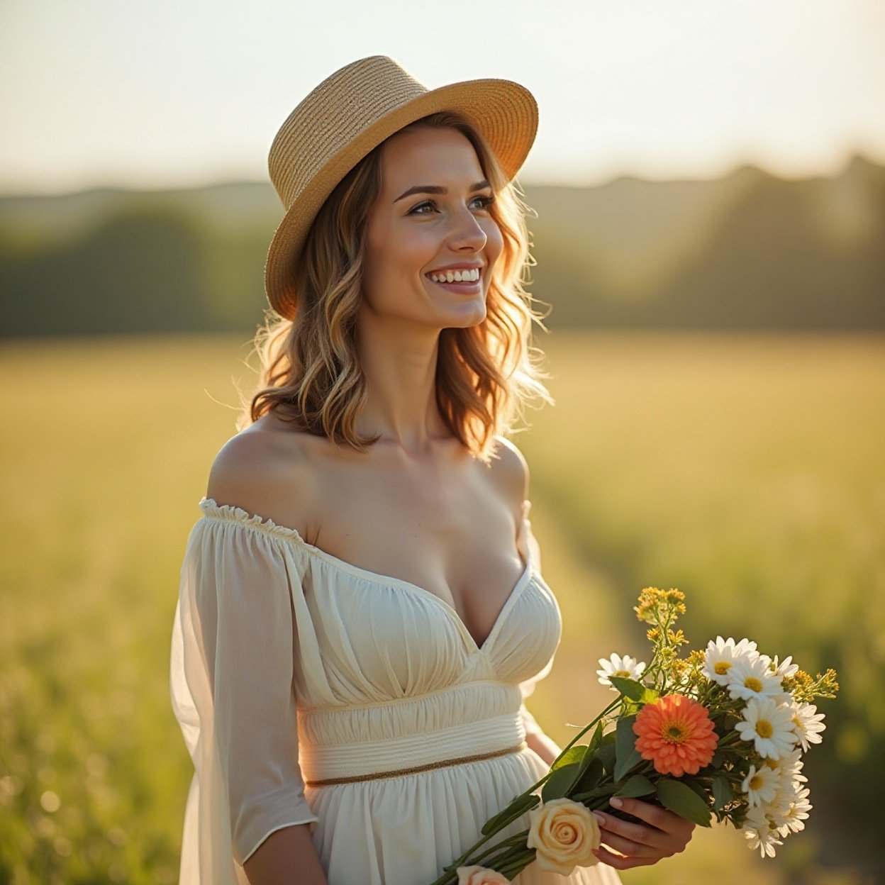 Beautiful smiling woman, sun hat, beautiful breasts, whom I am walking in the countryside with a bouquet in her hand Beautiful smiling woman, sun hat, beautiful breasts, whom I am walking in the countryside with a bouquet in her hand