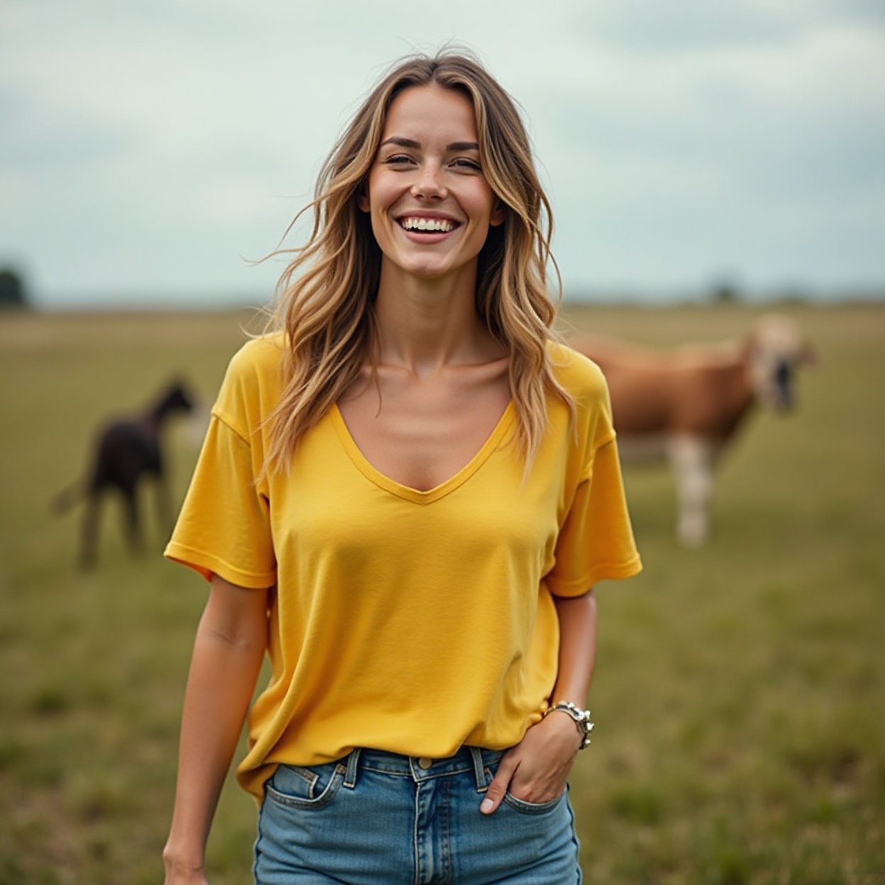Beautiful smiling woman, wearing a low-cut yellow t-shirt and jeans, with a lovely bust, walking in a pasture with animals in the countryside Beautiful smiling woman, wearing a low-cut yellow t-shirt and jeans, with a lovely bust, walking in a pasture with animals in the countryside