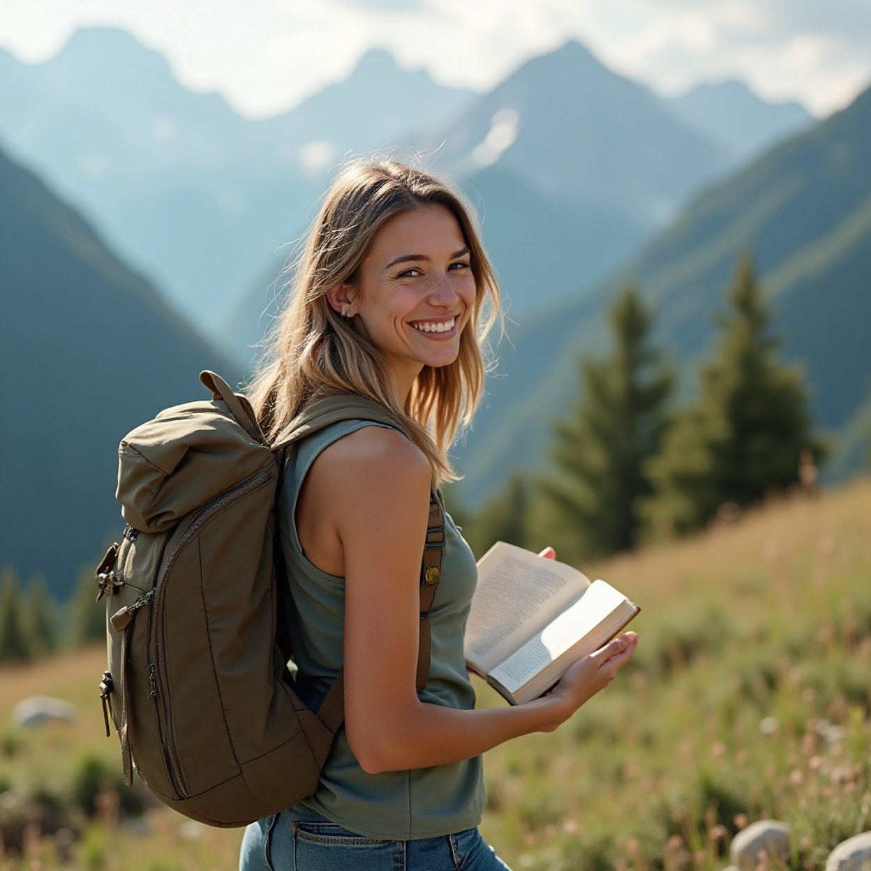 Beautiful smiling woman, with her backpack, reading a book in the mountains Beautiful smiling woman, with her backpack, reading a book in the mountains