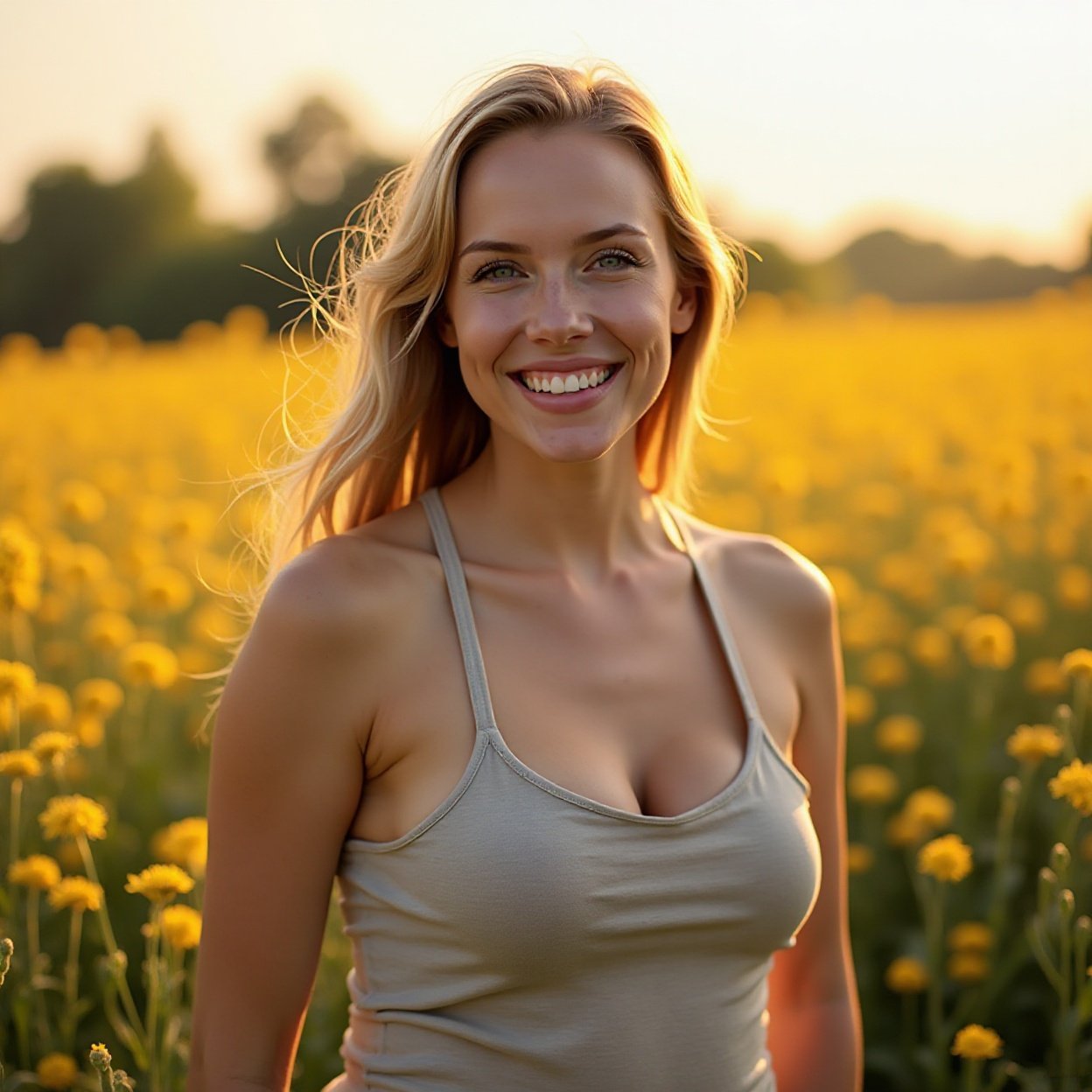 Beautiful smiling woman with large breasts, wearing a low-cut, strappy t-shirt in the soft light of a flower field Beautiful smiling woman with large breasts, wearing a low-cut, strappy t-shirt in the soft light of a flower field