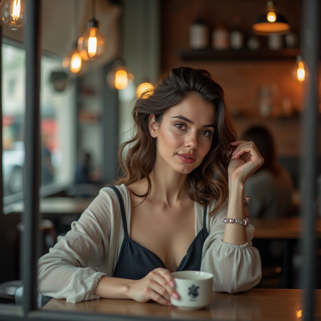 Beautiful woman Café culture, reflective ambiance Beautiful woman Café culture, reflective ambiance