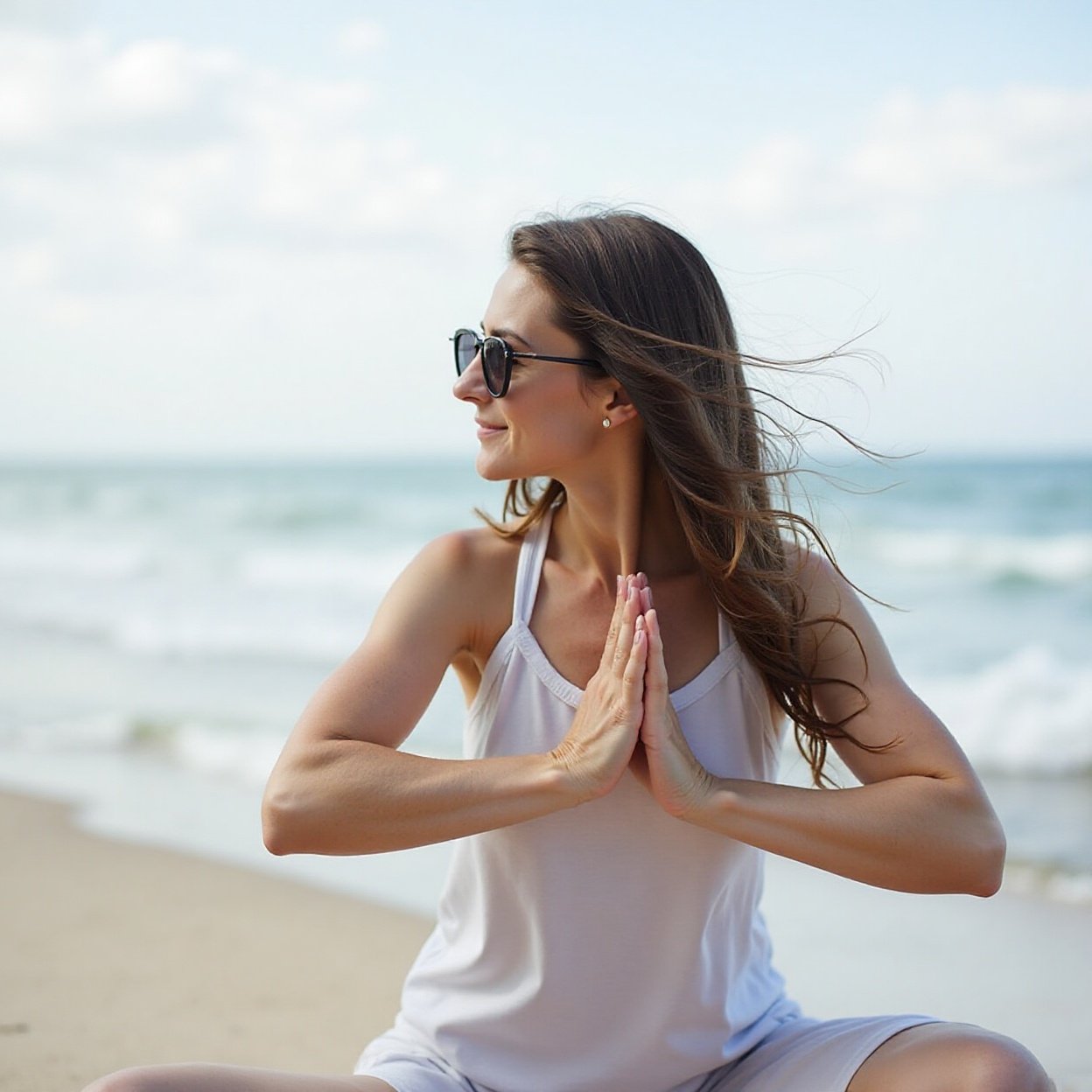 Beautiful woman with long brown hair and sunglasses. Gentle Movement (Yoga & Stretching), Mind-body balance by the sea= Beautiful woman with long brown hair and sunglasses. Gentle Movement (Yoga & Stretching), Mind-body balance by the sea.