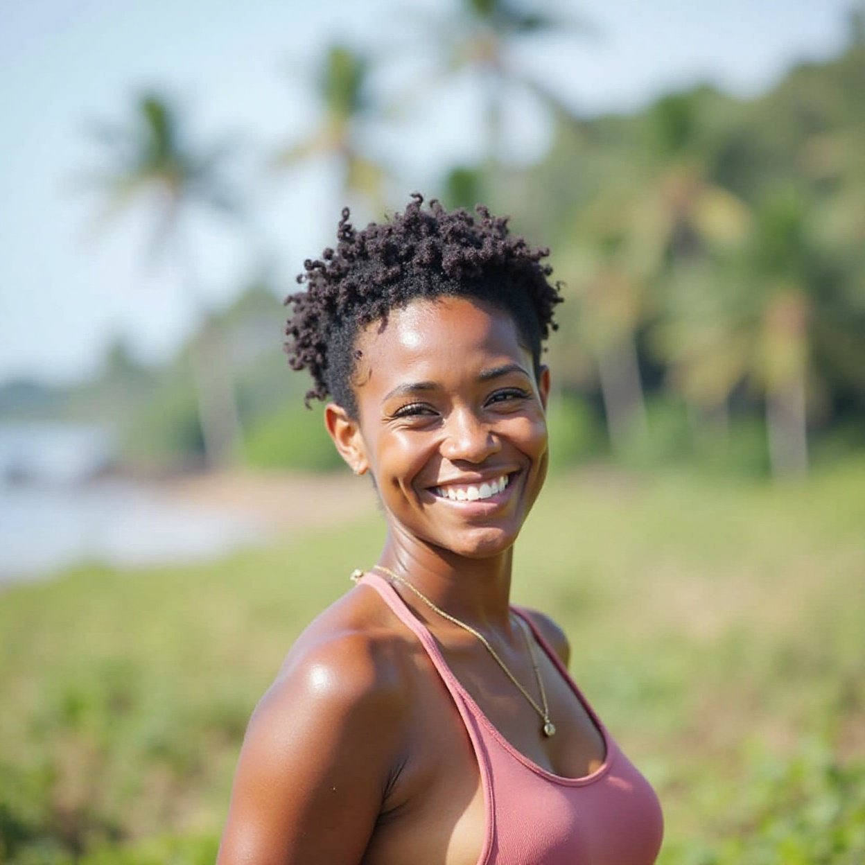 Beautiful woman with short curly hair smiling at Ocean Escapes 🇨🇷 Costa Rica – Jungle meets ocean Beautiful woman with short curly hair smiling at Ocean Escapes 🇨🇷 Costa Rica – Jungle meets ocean