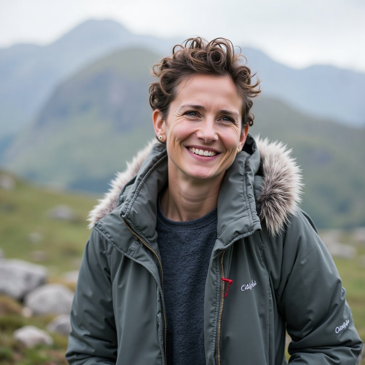 Beautiful woman with short curly hair, smiling. Fresh Air Experiences 🇳🇴 Norway – Pure air, dramatic landscapes Beautiful woman with short curly hair, smiling. Fresh Air Experiences 🇳🇴 Norway – Pure air, dramatic landscapes