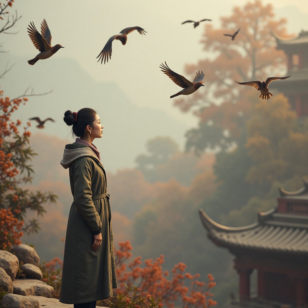 Chinese woman watching birds fly Chinese woman watching birds fly