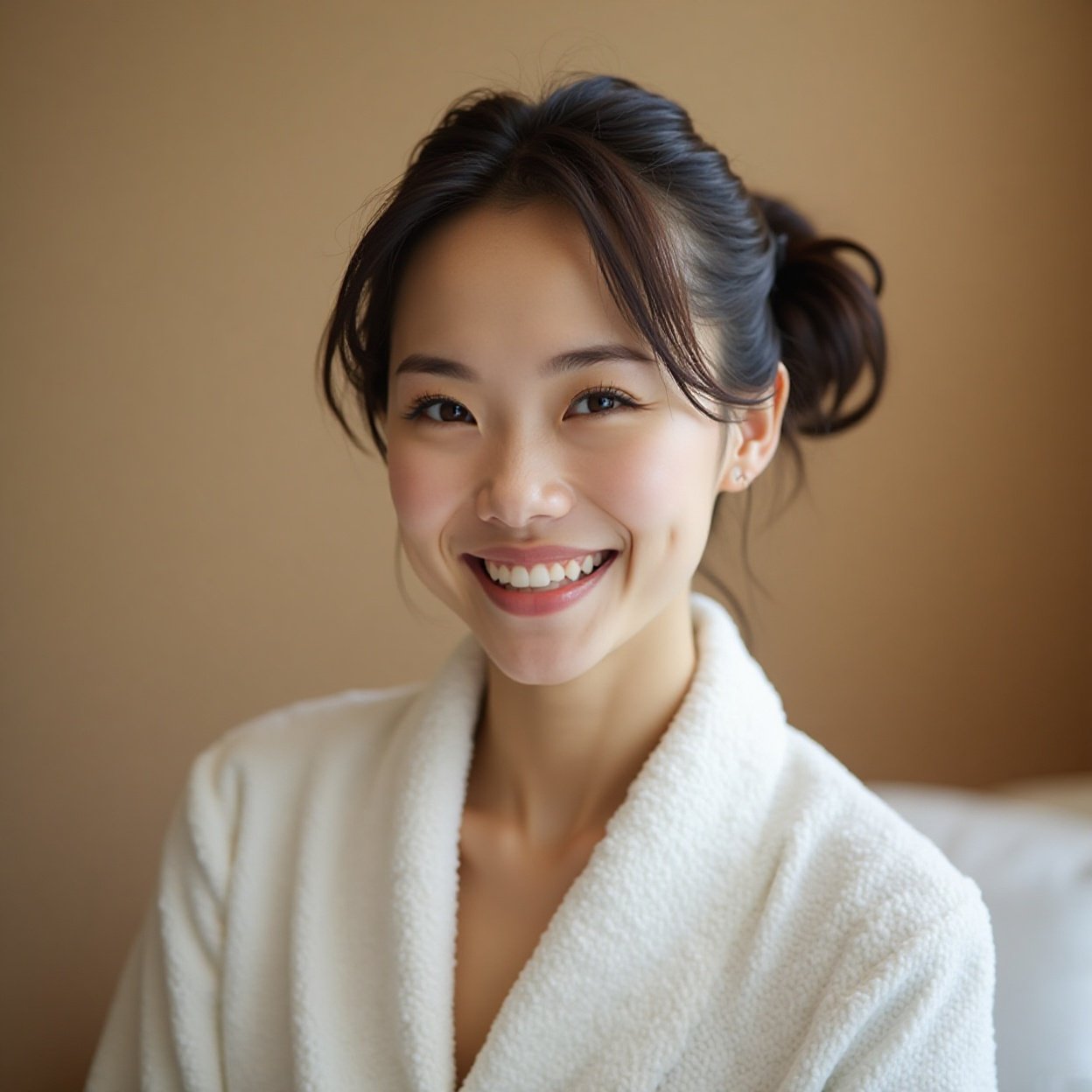Face of a beautiful smiling Chinese woman with very short hair, in a spa Face of a beautiful smiling Chinese woman with very short hair, in a spa