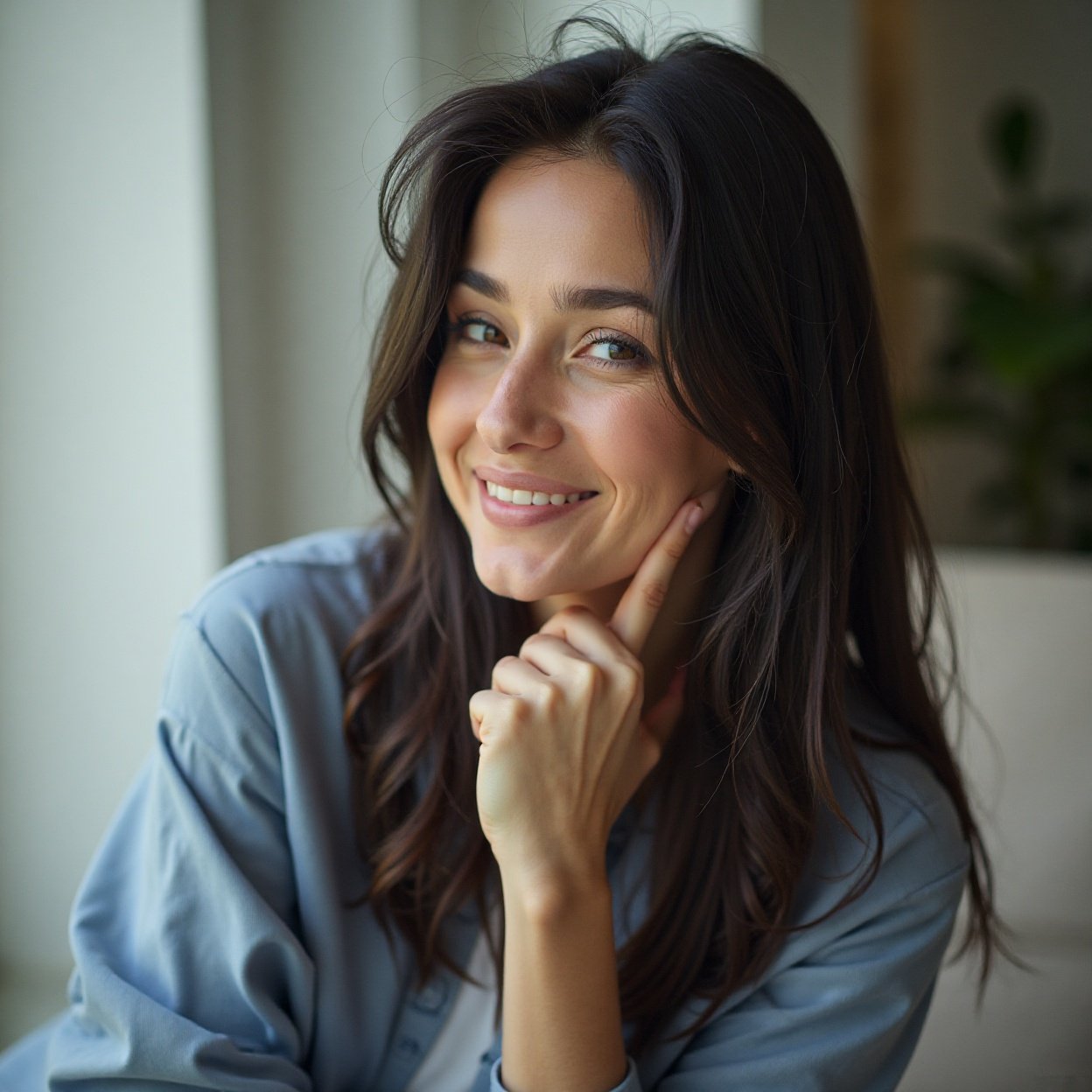 The face of a beautiful, smiling woman with long black hair, who is sitting and thinking The face of a beautiful, smiling woman with long black hair, who is sitting and thinking.