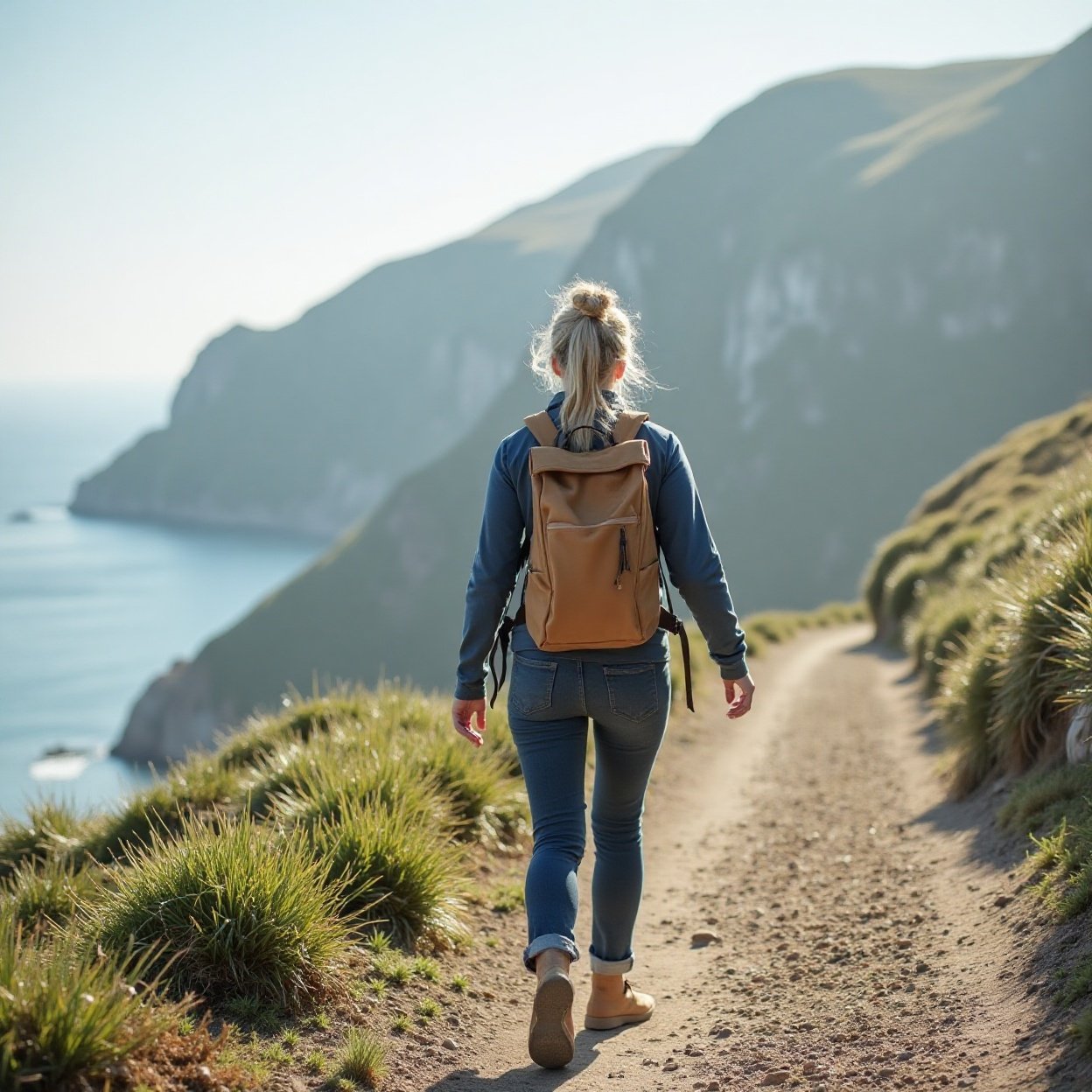 Woman with a backpack walking along a coastal path Woman with a backpack walking along a coastal path