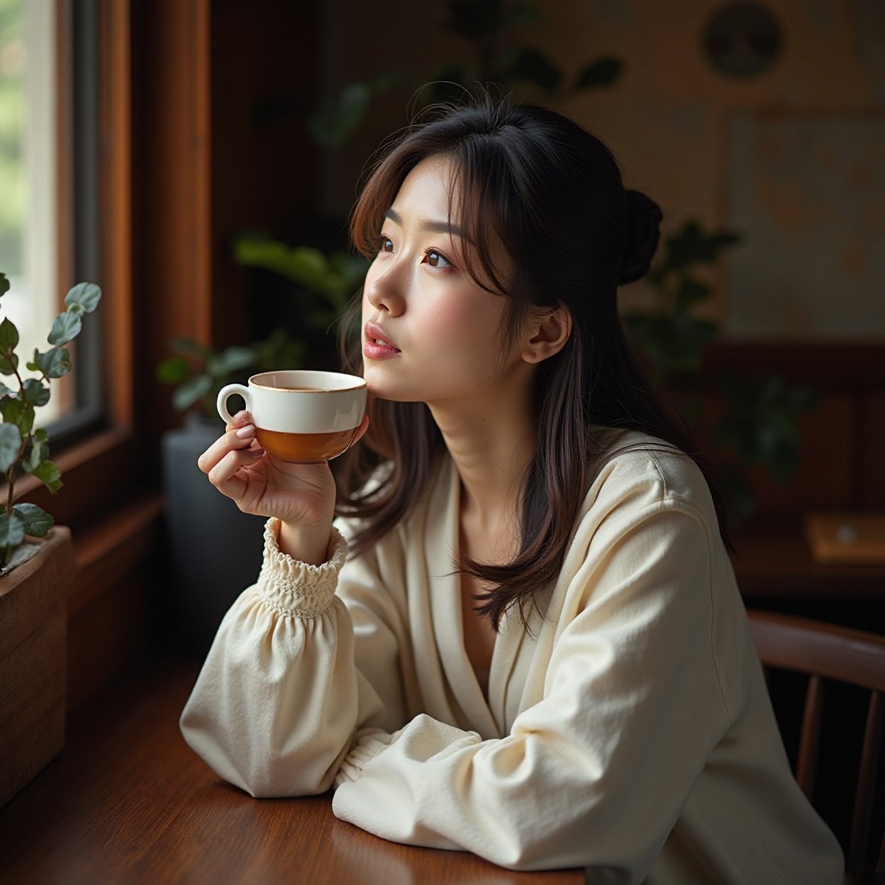 a beautiful Chinese woman deep in thought with a coffee in her hand a beautiful Chinese woman deep in thought with a coffee in her hand