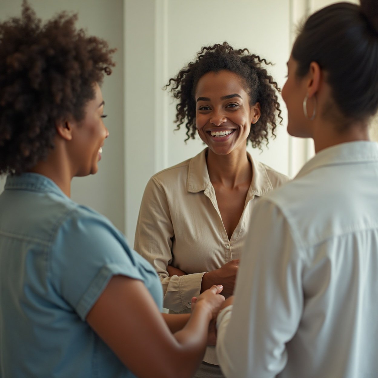 a beautiful smiling black woman with short hair listening to a conversation between a white woman a beautiful smiling black woman with short hair listening to a conversation between a white woman