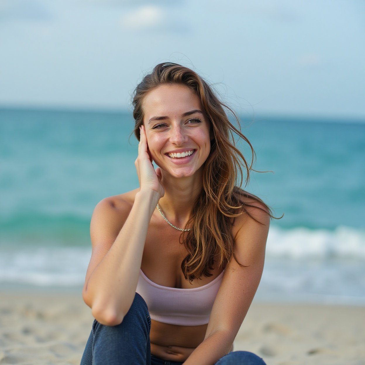 a beautiful smiling woman contemplating the sea a beautiful smiling woman contemplating the sea