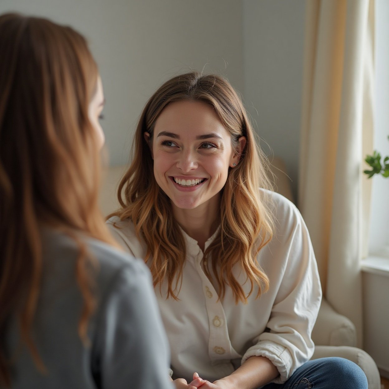 a beautiful smiling woman listening to a woman's conversation a beautiful smiling woman listening to a woman's conversation