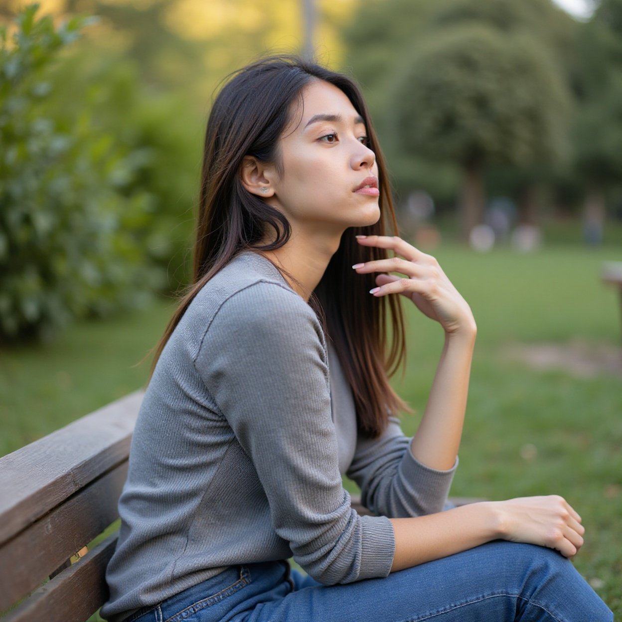 a beautiful smiling woman thinking on a bench a beautiful smiling woman thinking on a bench