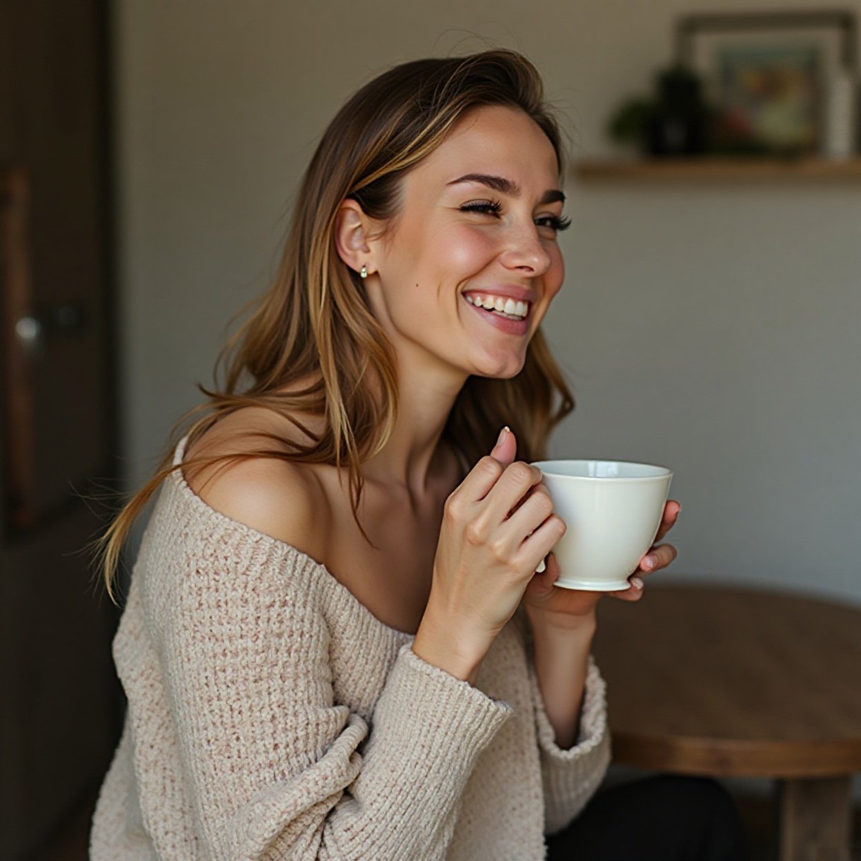 a beautiful smiling woman with hair drinking tea alone a beautiful smiling woman with hair drinking tea alone