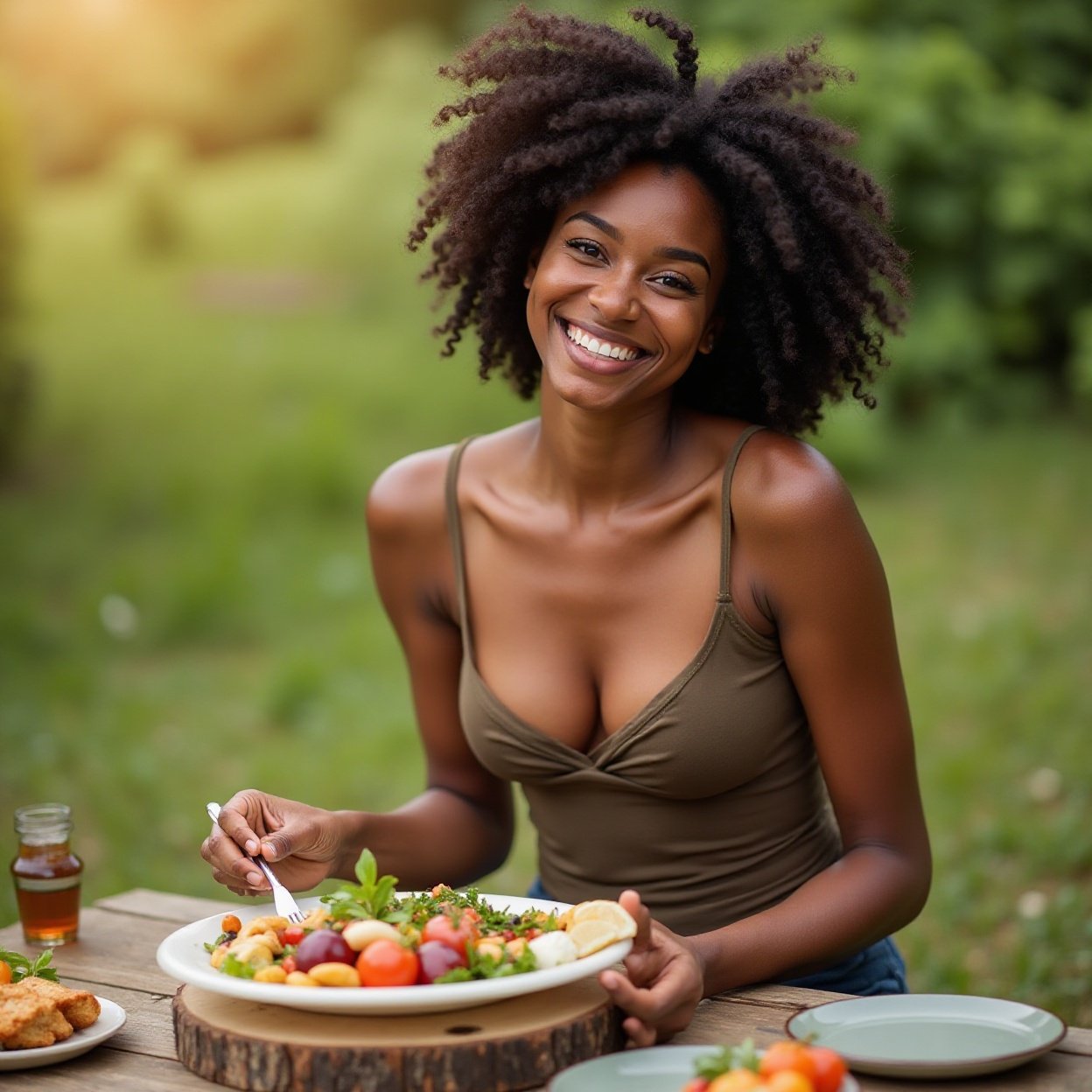 beautiful smiling woman, beautiful breasts, a table for an outdoor meal