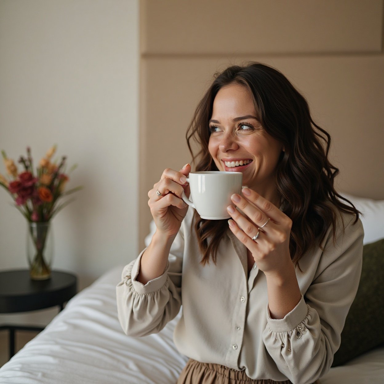 beautiful smiling woman drinking coffee in her hotel room beautiful smiling woman drinking coffee in her hotel room