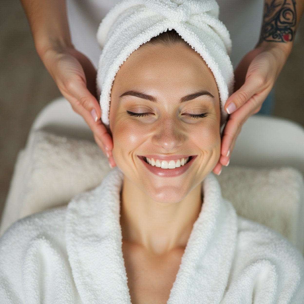 beautiful smiling woman in a bathrobe getting a face massage beautiful smiling woman in a bathrobe getting a face massage