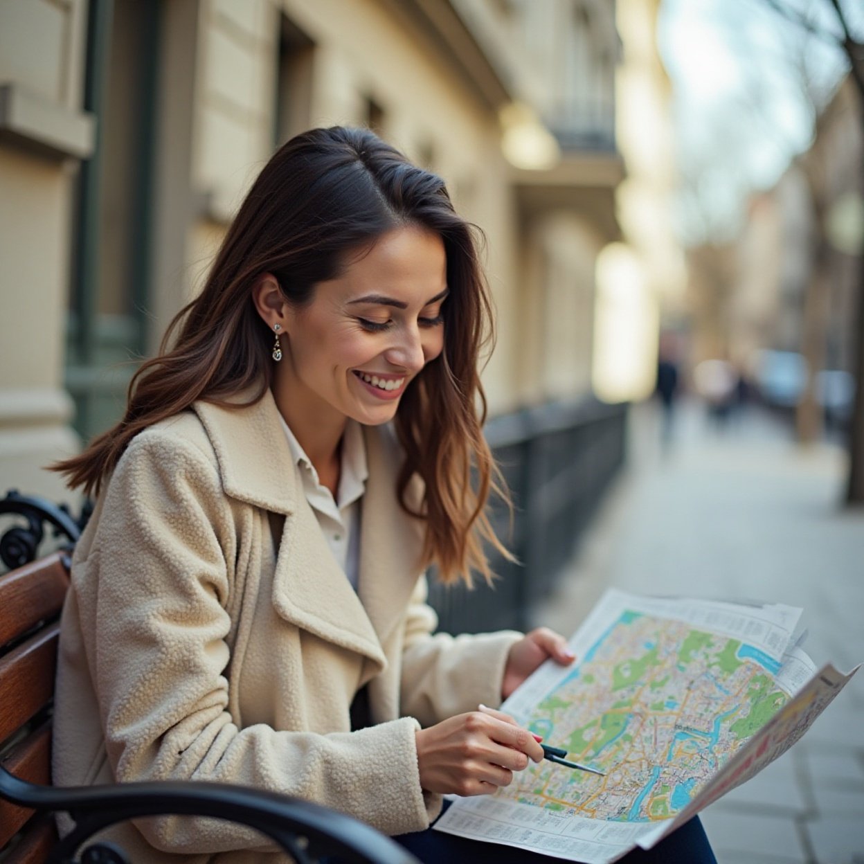 beautiful smiling woman, sitting on a bench in the city looking at a map
