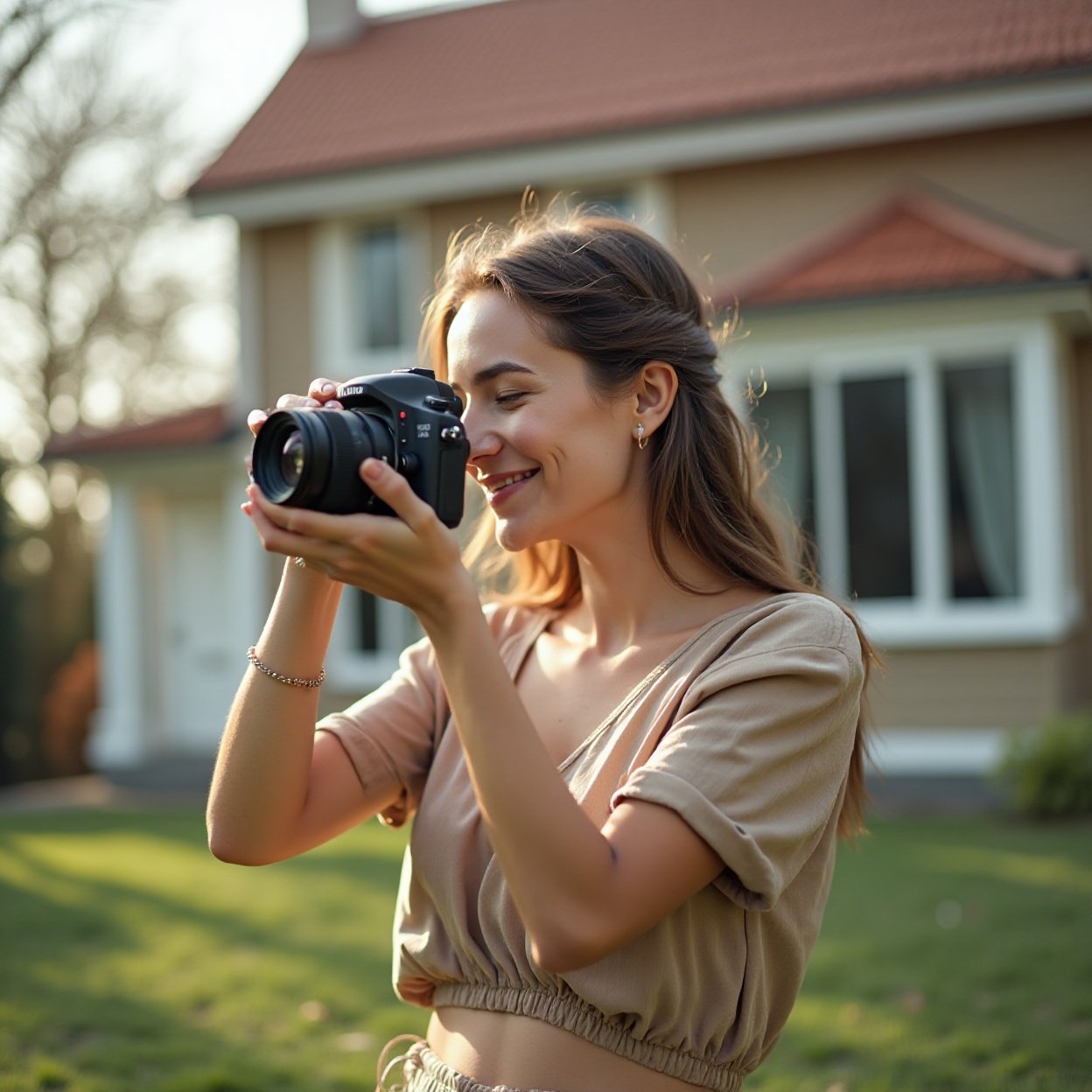 beautiful smiling woman with a lovely chest holding a camera, photographing a house beautiful smiling woman with a lovely chest holding a camera, photographing a house