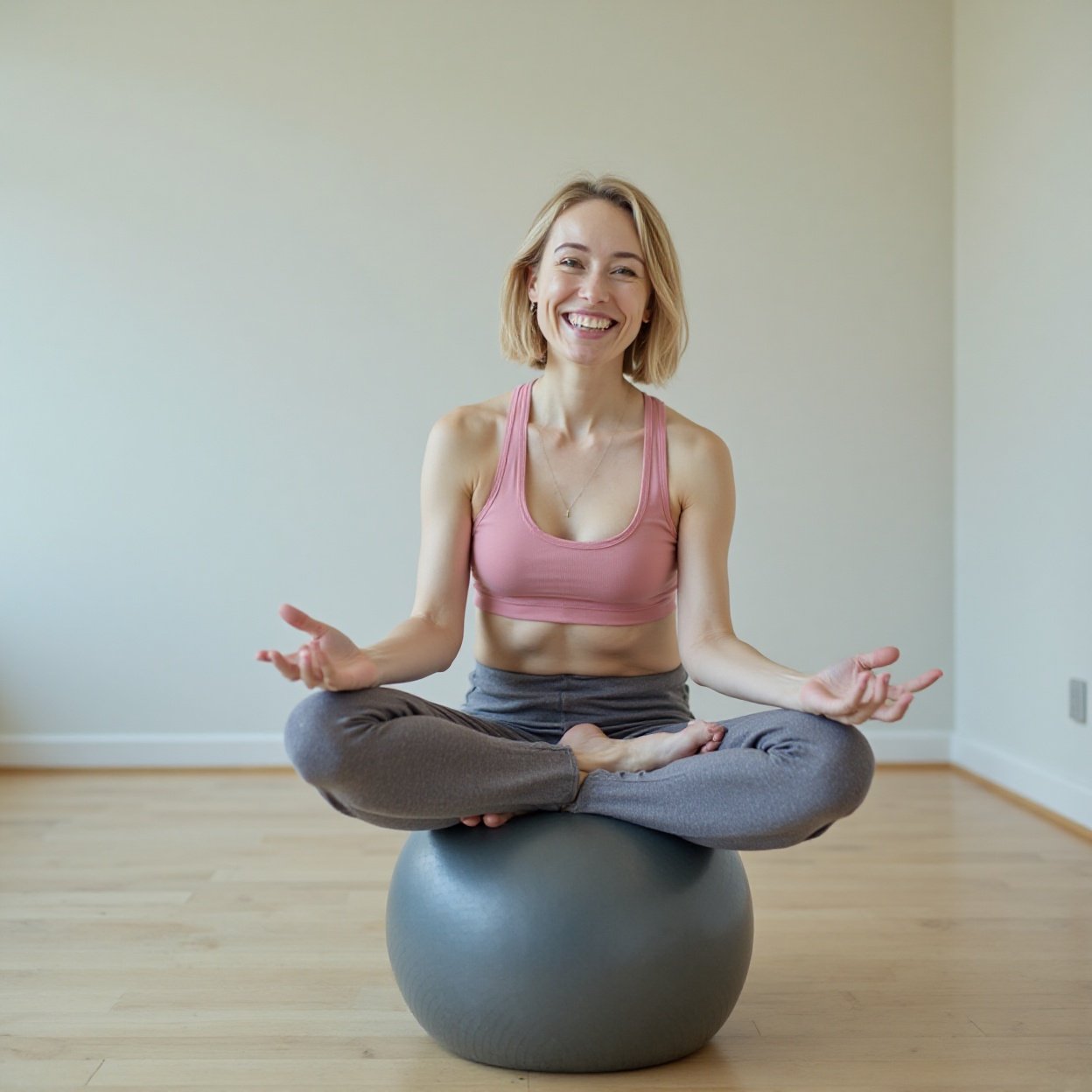 beautiful smiling woman with short hair on a ball doing yoga exercises beautiful smiling woman with short hair on a ball doing yoga exercises