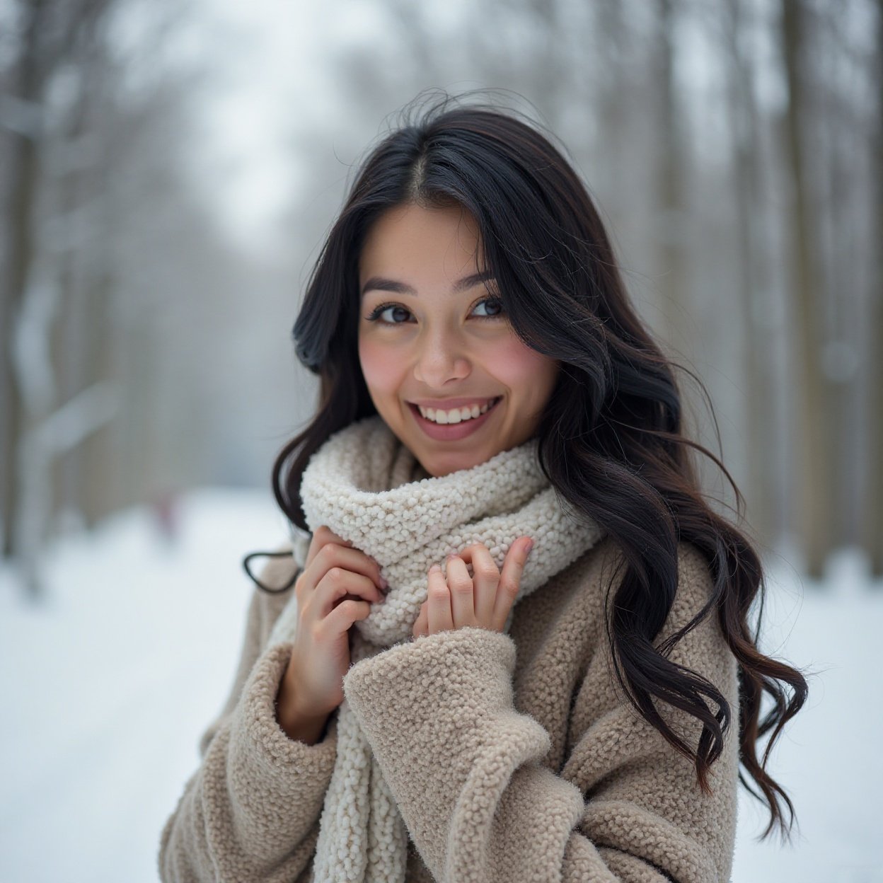 beautiful woman with black hair smiling in the snow beautiful woman with black hair smiling in the snow