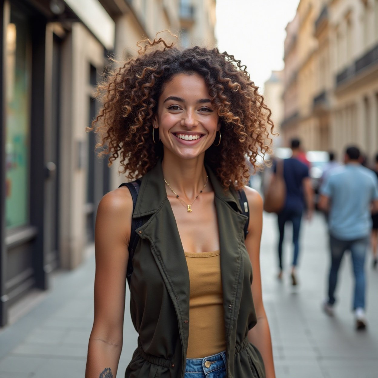 beautiful woman with curly hair, smiling, walking through the city