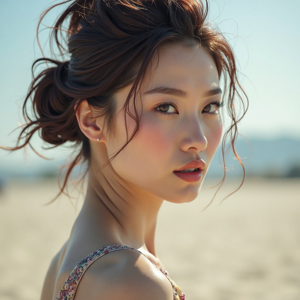 face of a beautiful Chinese woman, walking on the sand face of a beautiful Chinese woman, walking on the sand