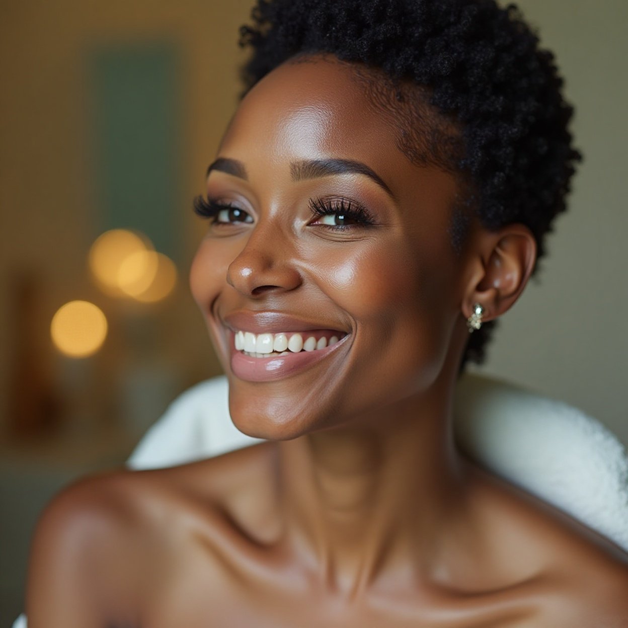 face of a beautiful smiling Black woman with very short hair, in a spa face of a beautiful smiling Black woman with very short hair, in a spa