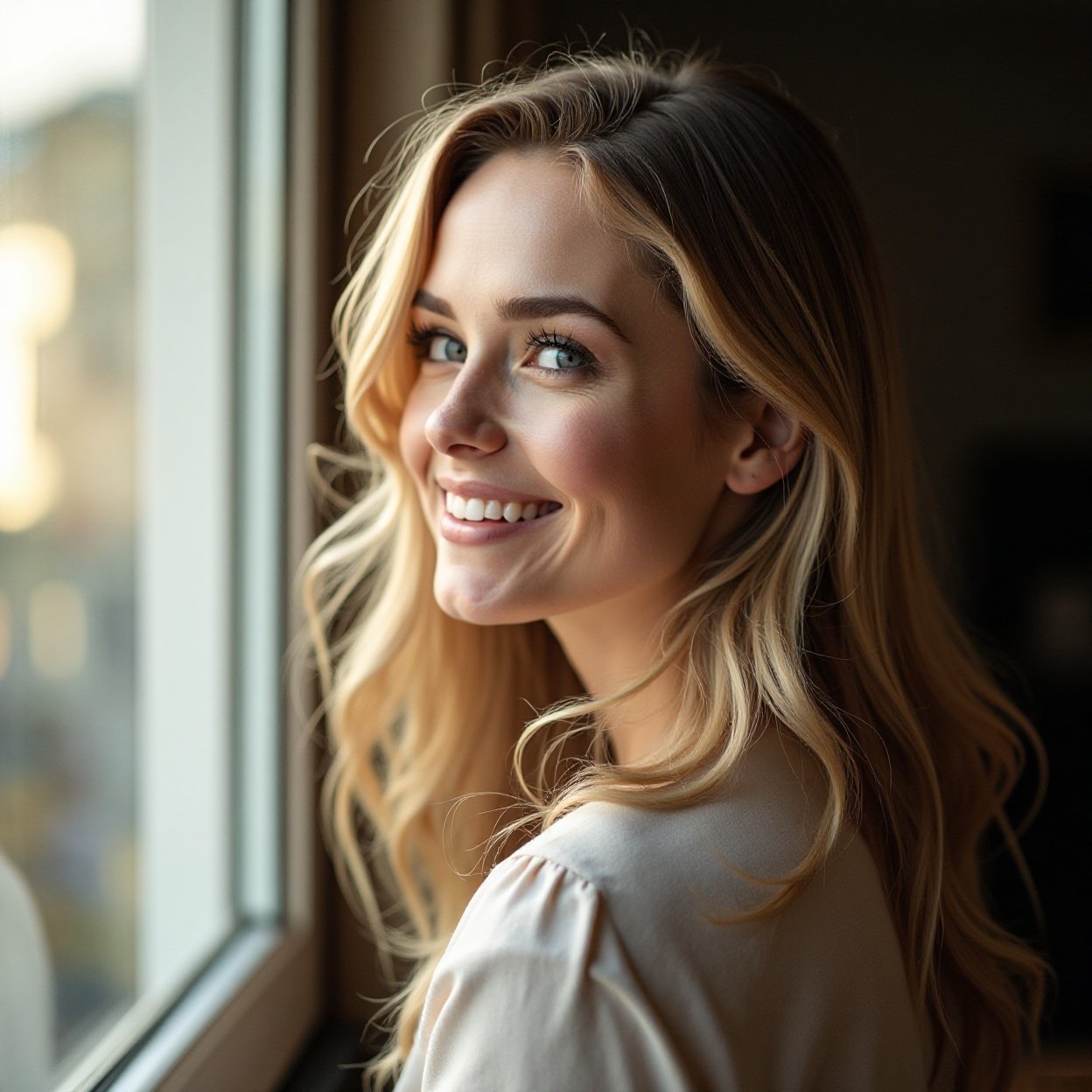face of a beautiful smiling woman with long blond hair, looking out the window face of a beautiful smiling woman with long blond hair, looking out the window