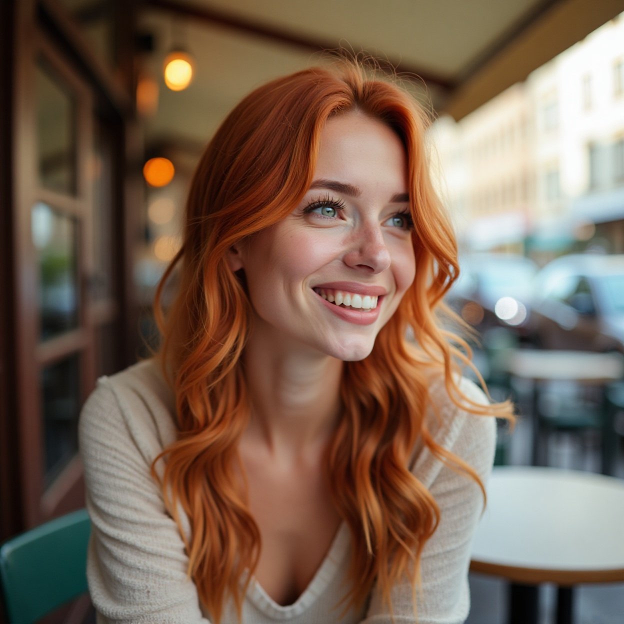 face of a beautiful smiling woman with red hair, who is sitting on a cafe terrace face of a beautiful smiling woman with red hair, who is sitting on a cafe terrace