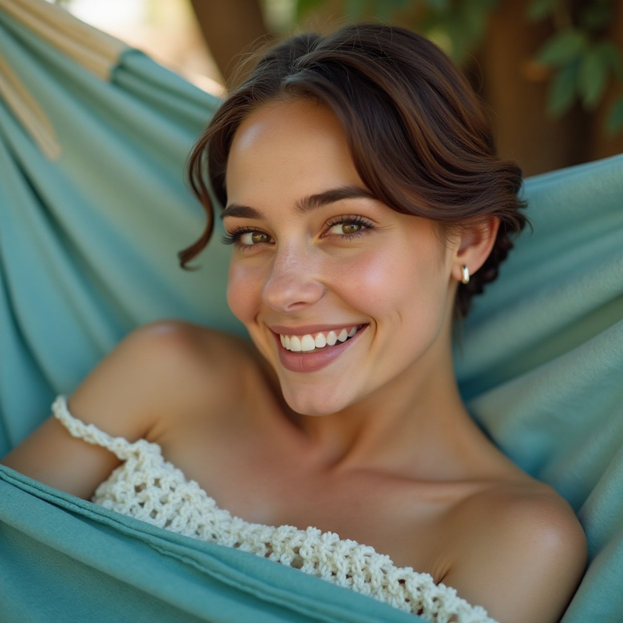 face of a beautiful smiling woman with very short hair, on a hammock face of a beautiful smiling woman with very short hair, on a hammock