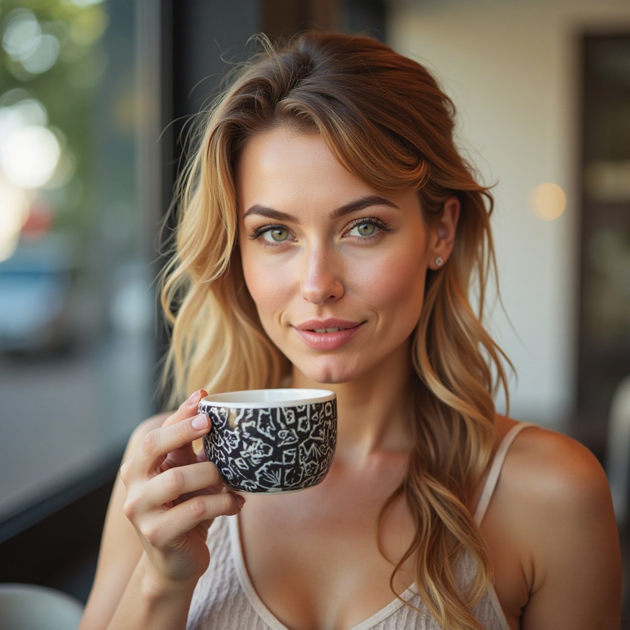 face of a beautiful woman, drinking coffee face of a beautiful woman, drinking coffee