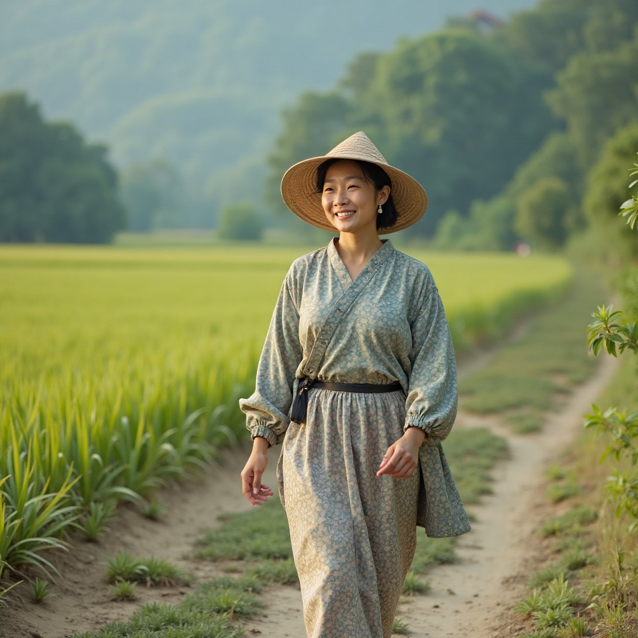 smiling Chinese woman walking in the countryside smiling Chinese woman walking in the countryside