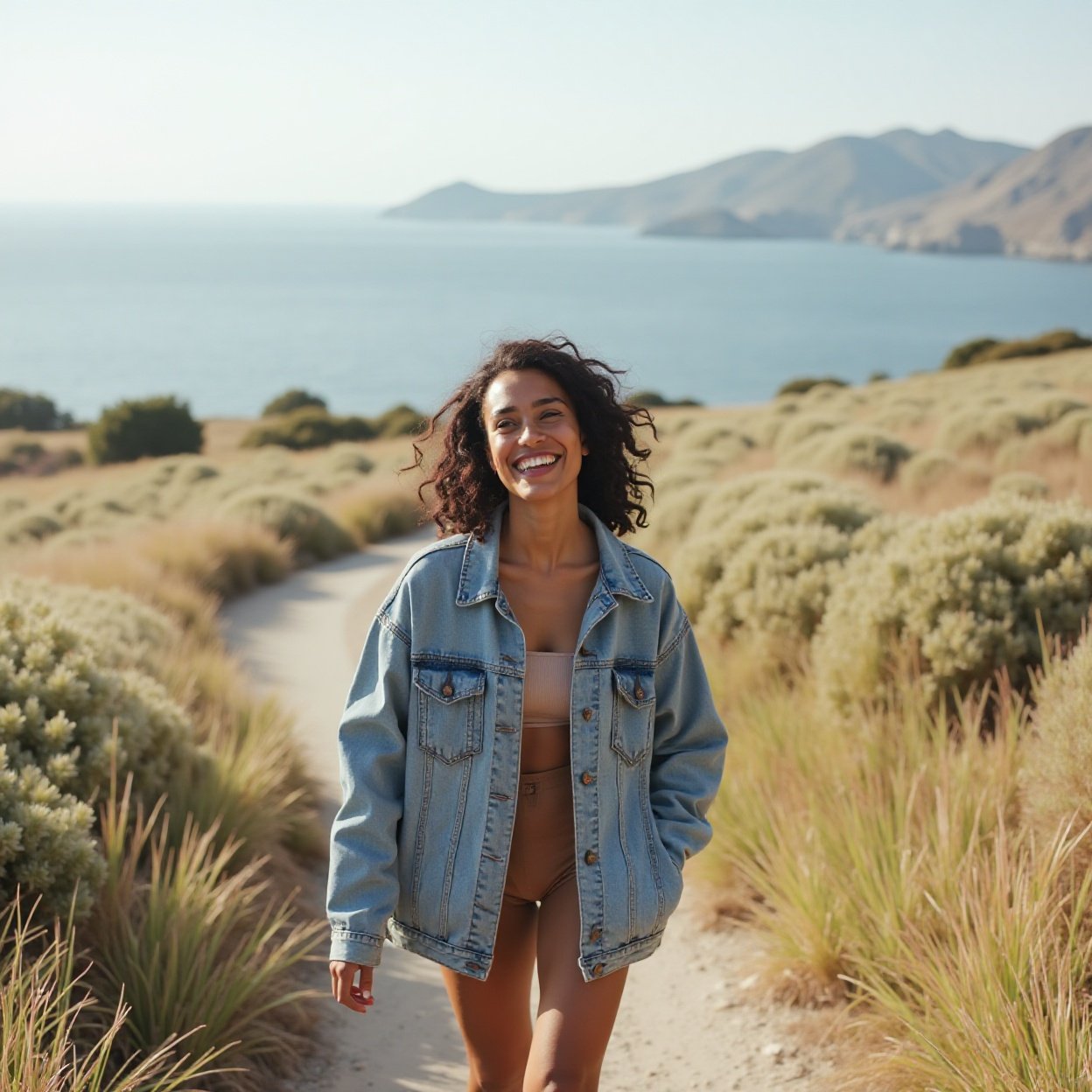 smiling black woman walking along a coastal path smiling black woman walking along a coastal path