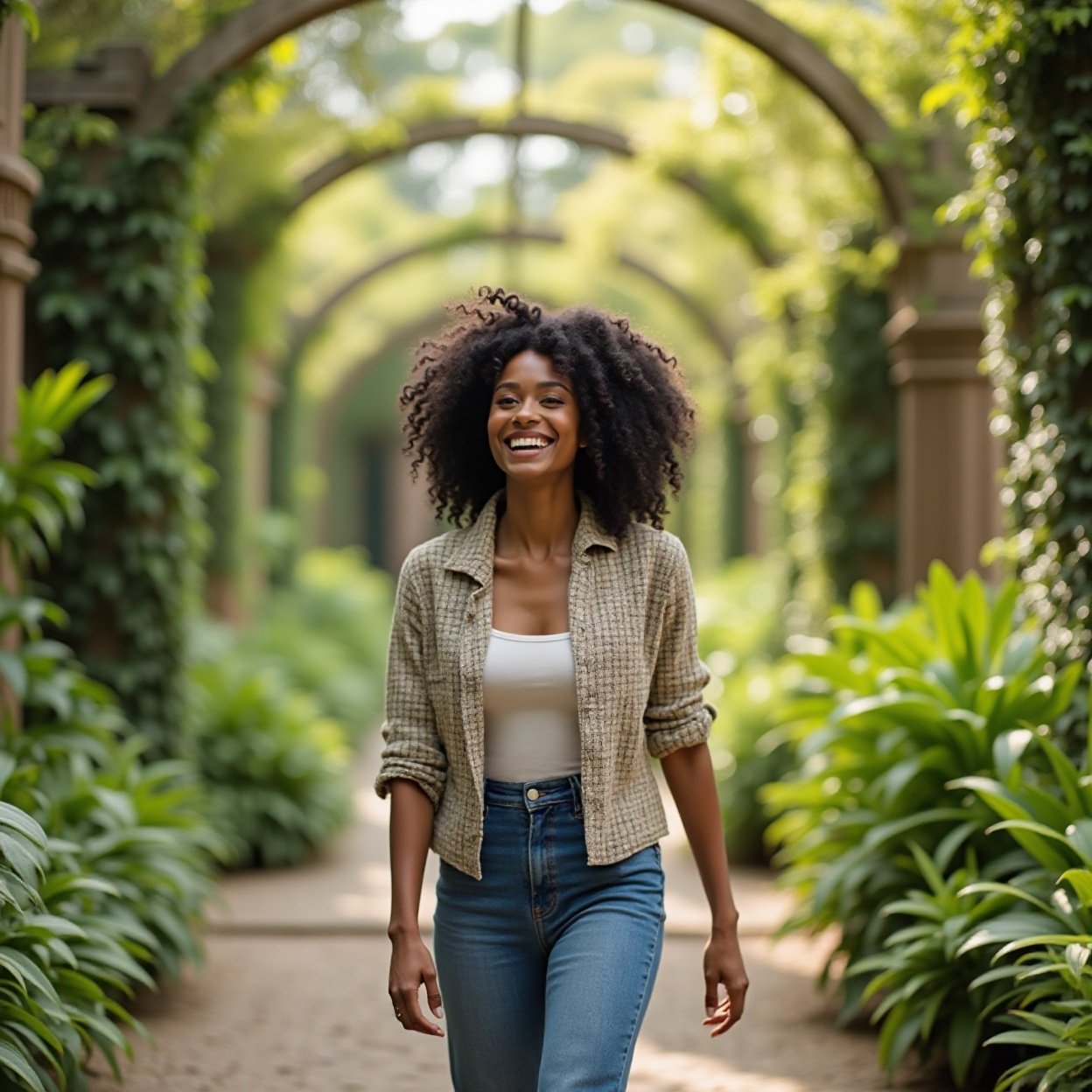 smiling black woman walking in a botanical garden smiling black woman walking in a botanical garden