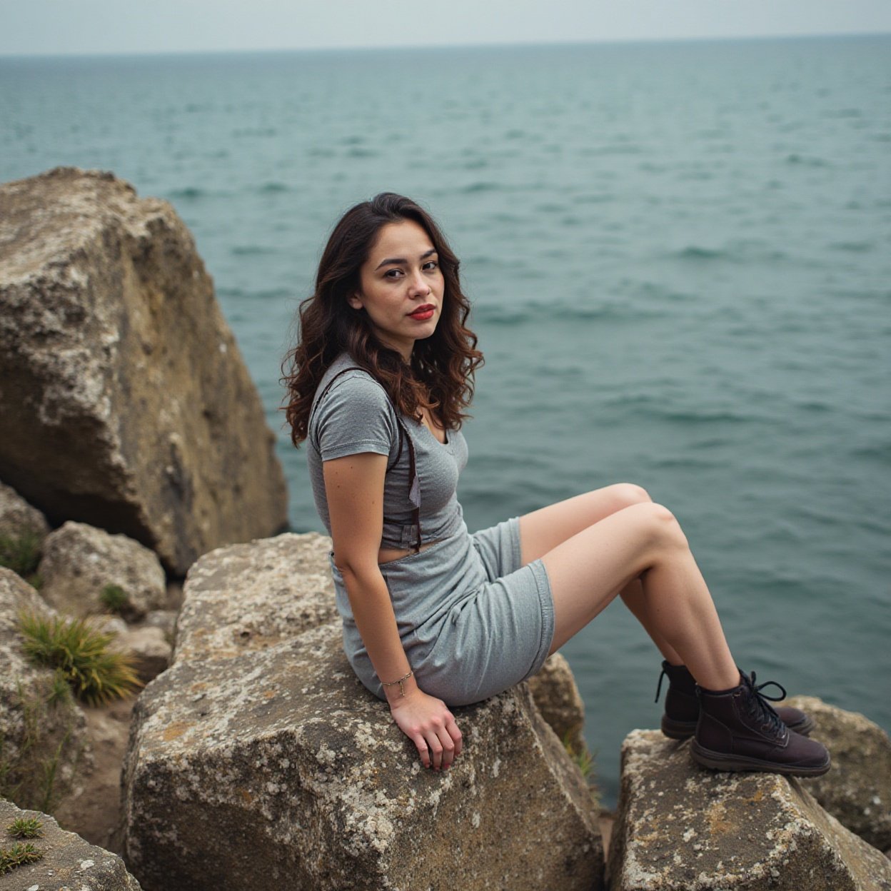 woman who is sitting on a rock= woman who is sitting on a rock=