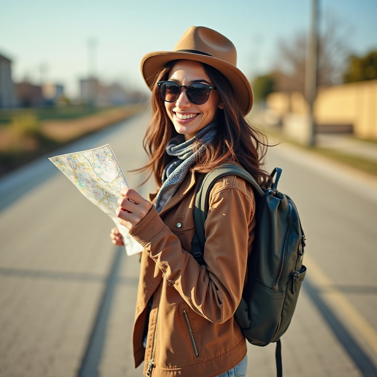 A beautiful Arab woman with long hair, a hat, sunglasses, and a smiling backpack, holding a map to find her way. A beautiful Arab woman with long hair, a hat, sunglasses, and a smiling backpack, holding a map to find her way.
