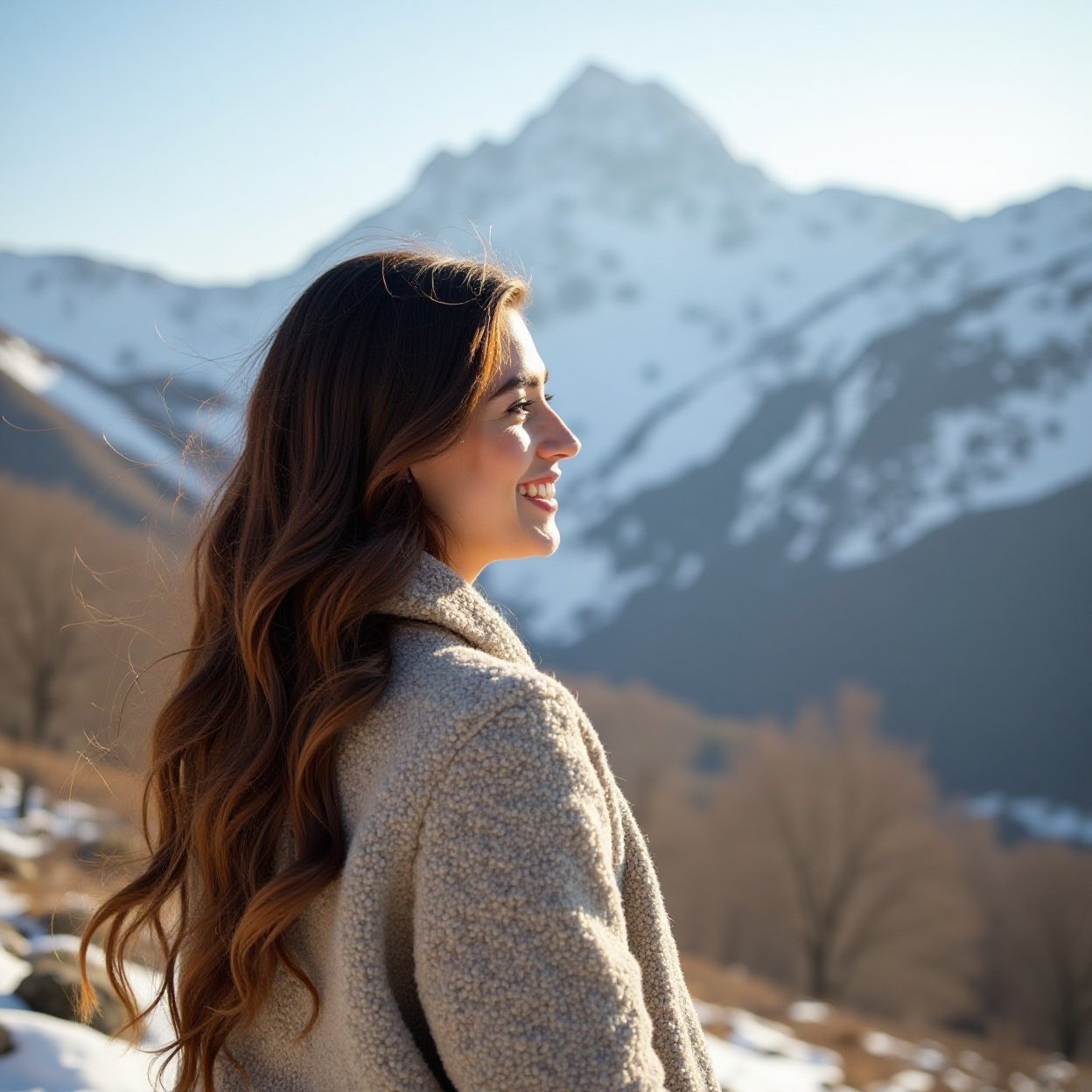 A beautiful Arab woman with long hair, smiling, looking at a still snow-covered mountain