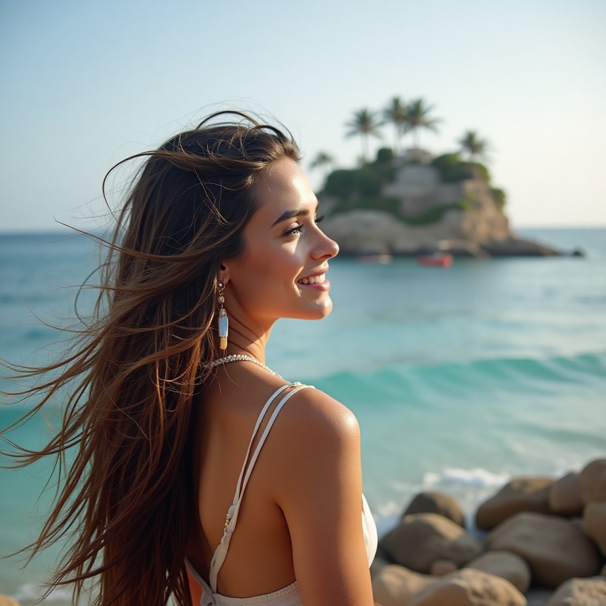 A beautiful Arab woman with long hair, smiling, looking at an isolated island surrounded by the sea