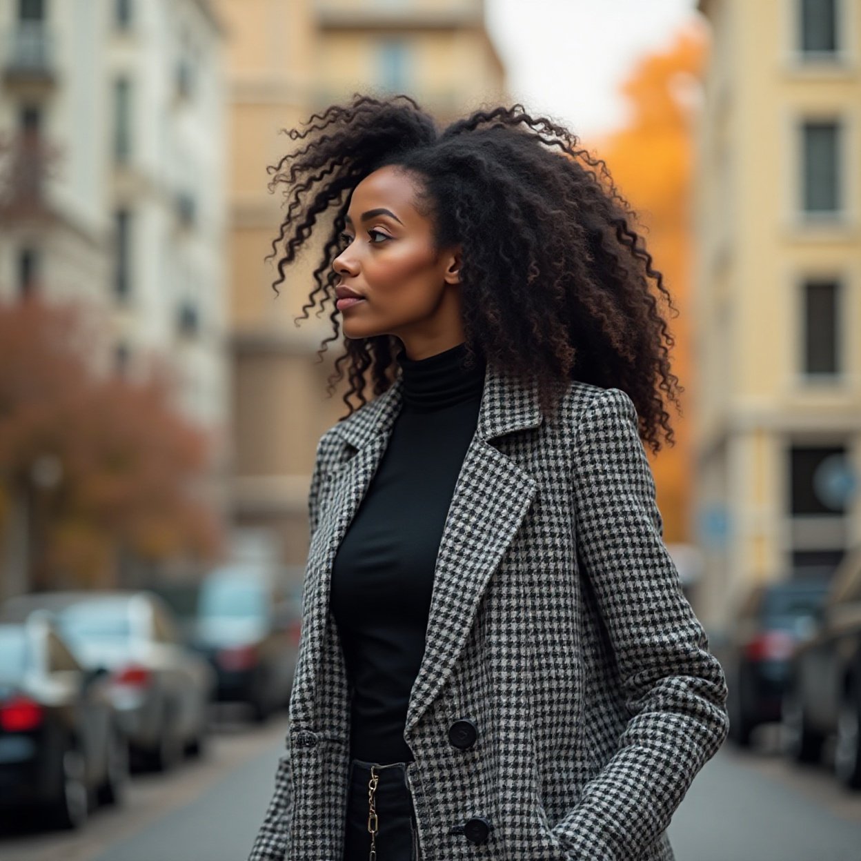 A beautiful Black woman, with curly hair and a beautiful bust, wearing a long black and white checkered coat, looking at the city in autumn A beautiful Black woman, with curly hair and a beautiful bust, wearing a long black and white checkered coat, looking at the city in autumn