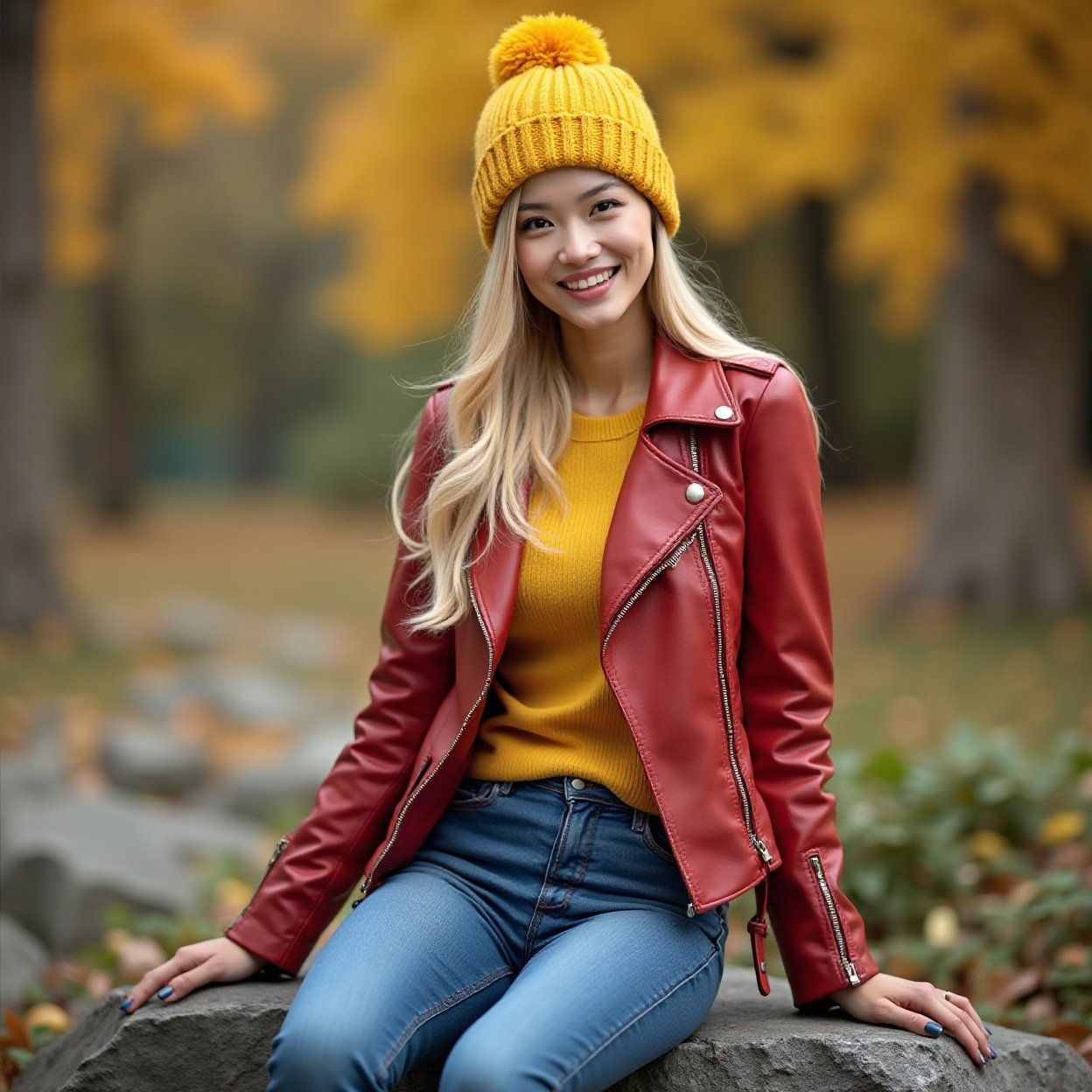 A beautiful Chinese woman, long blonde hair, lovely breasts, a yellow hat with a pom-pom, a red leather jacket, jeans, sitting on a rock in autumn A beautiful Chinese woman, long blonde hair, lovely breasts, a yellow hat with a pom-pom, a red leather jacket, jeans, sitting on a rock in autumn
