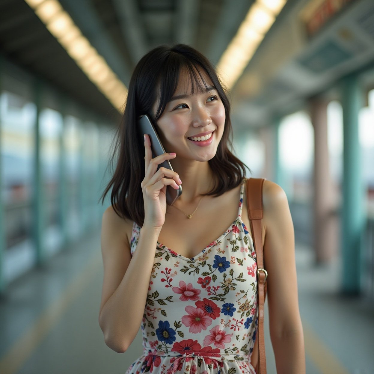 A beautiful Chinese woman, smiling and with a lovely chest, is on the phone while standing on the train platform. A beautiful Chinese woman, smiling and with a lovely chest, is on the phone while standing on the train platform.