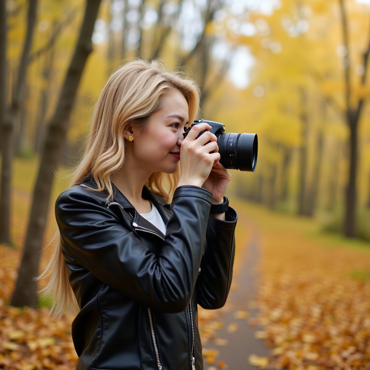A beautiful Chinese woman, with long blonde hair, a beautiful chest, and a black leather jacket, is taking pictures of nature in autumn with a camera. A beautiful Chinese woman, with long blonde hair, a beautiful chest, and a black leather jacket, is taking pictures of nature in autumn with a camera.
