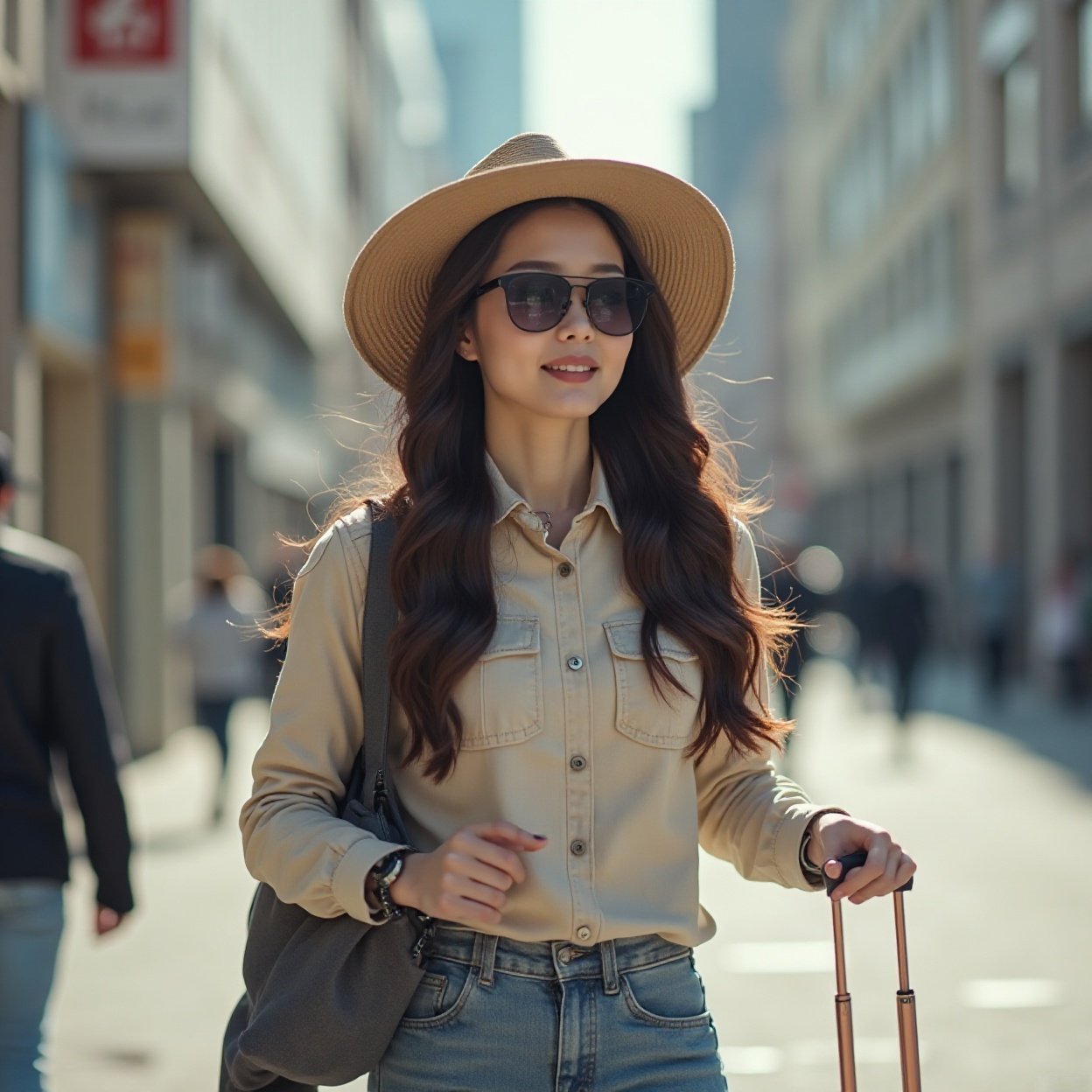 A beautiful Chinese woman with long hair, a hat, sunglasses, and a suitcase, walking through the city A beautiful Chinese woman with long hair, a hat, sunglasses, and a suitcase, walking through the city