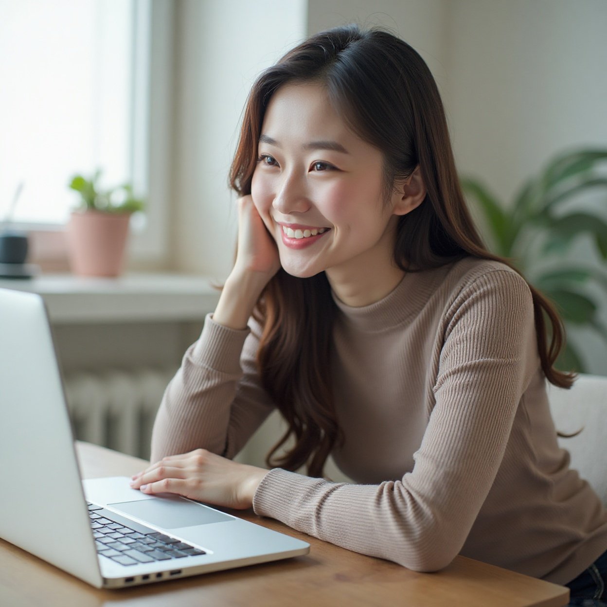 A beautiful Chinese woman with long hair, smiling, and with a lovely figure, is resting next to her computer