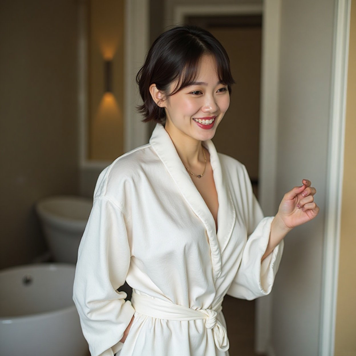 A beautiful Chinese woman with short hair, smiling, and a lovely figure, wearing a dressing gown, gets up, Boutique hotels